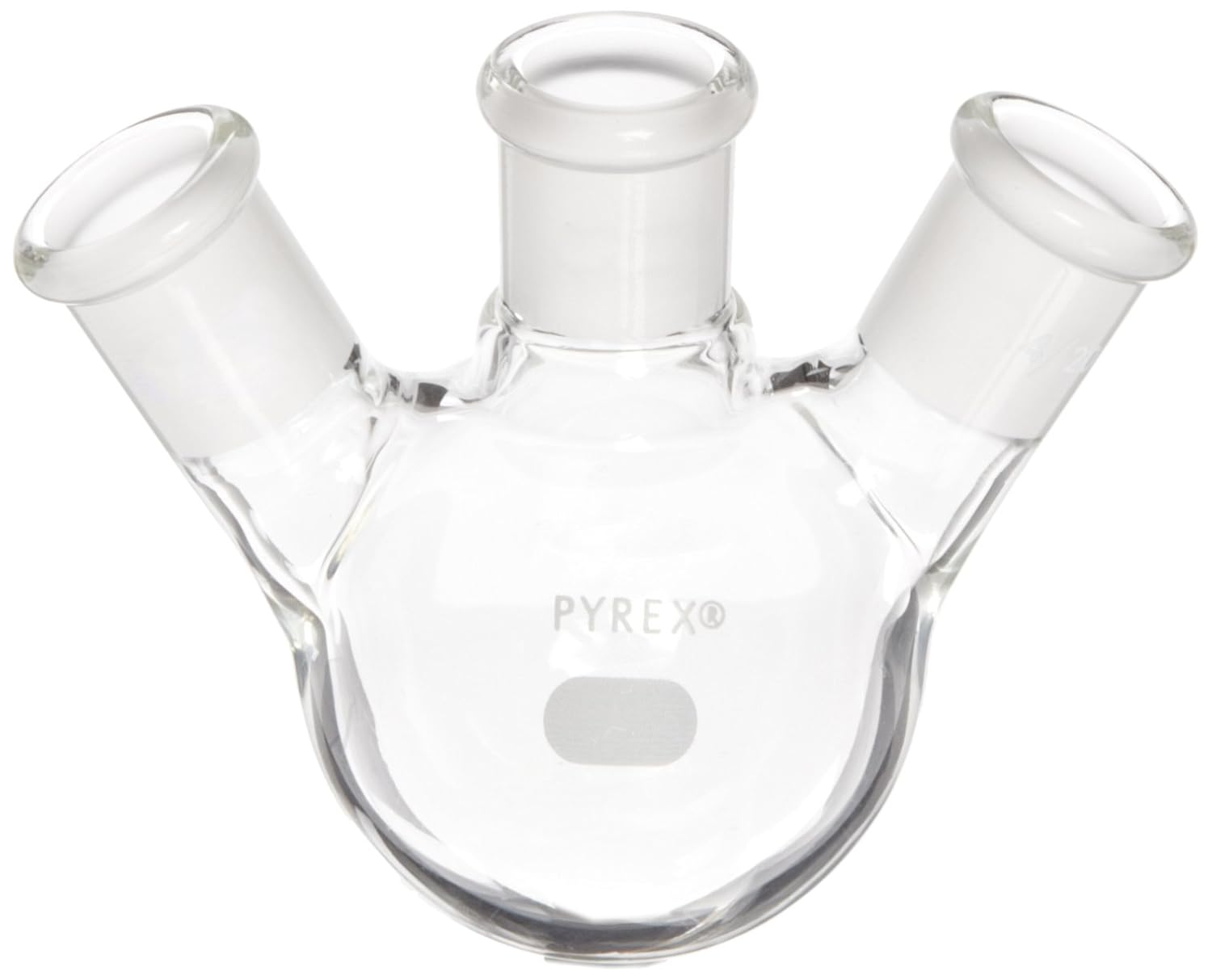 Pyrex Borosilicate Glass Three Neck Micro Distilling Flask, Angled Necks, Standard Taper 14/20 Joints, 50mL Capacity