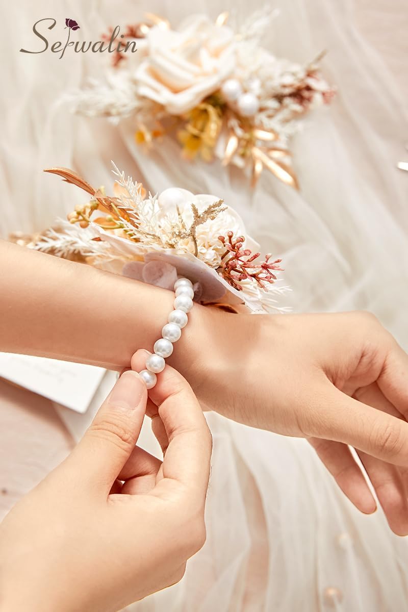 Serwalin 2 Pcs Wrist Corsage and Boutonniere Set, 6-7 Inch Champagne Corsage for Wedding, Boutonniere for Men Corsage Wristlet Prom Ceremony Anniversary Accessories Suit - Image 5