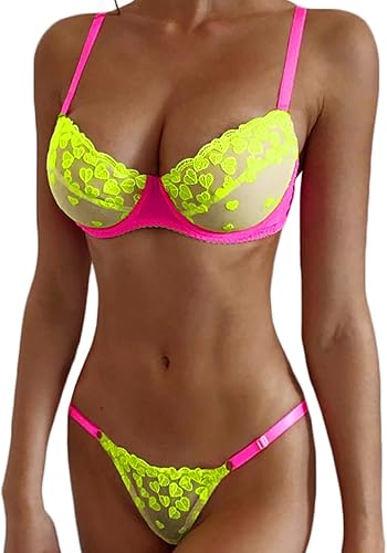 Kaei&Shi Brilla en la oscuridad, luz negra, corazón bordado, lencería con aros