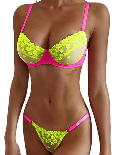 Kaei&Shi Glow In The Dark, Black Light, Heart Embroidered, Underwire Lingerie - 8-10 - Neon Green