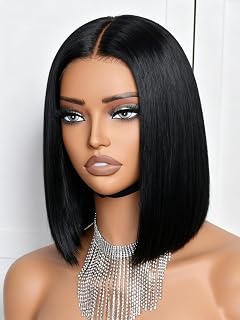 Bob Wig Human Hair Short Straight Wear and Go Glueless Human Hair Wig Pre Plucked Pre Cut 13x4 Lace Front Wigs Human Hair 200 Density(14 Inch, Natural Black)