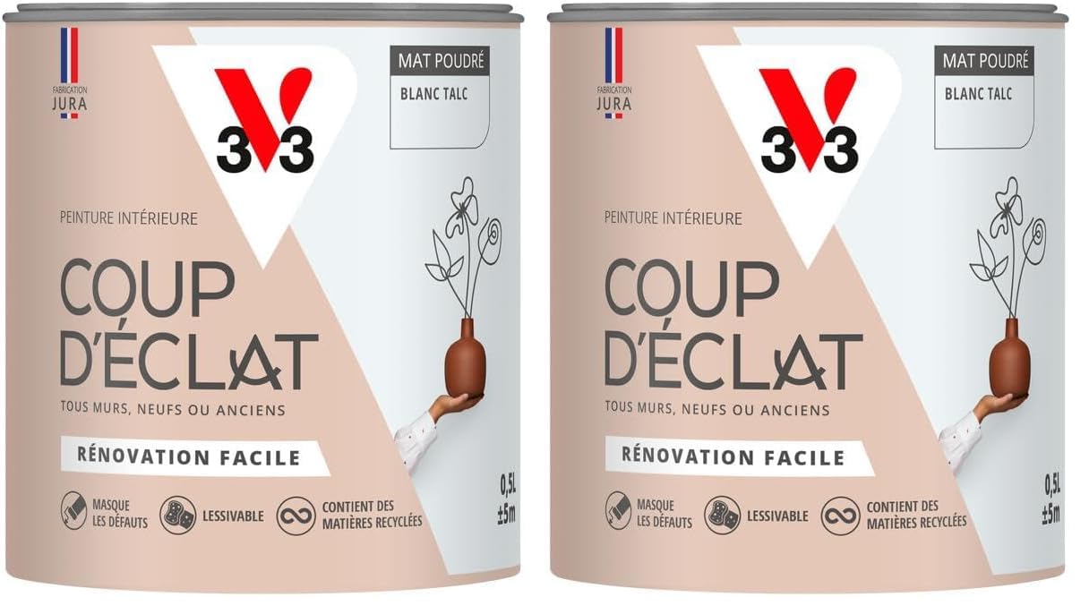 Peinture murale V33 Coup d'Éclat Blanc talc Mat Poudré 0,5L Lot de 2