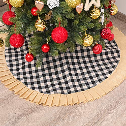Burlap Tree Skirt, 48 Inches Rustic Jute Black And White Buffalo Plaid Christmas Tree Skirt With Raffled Wave, Country Decorations For Farmhouse Family Home Party #TOP2