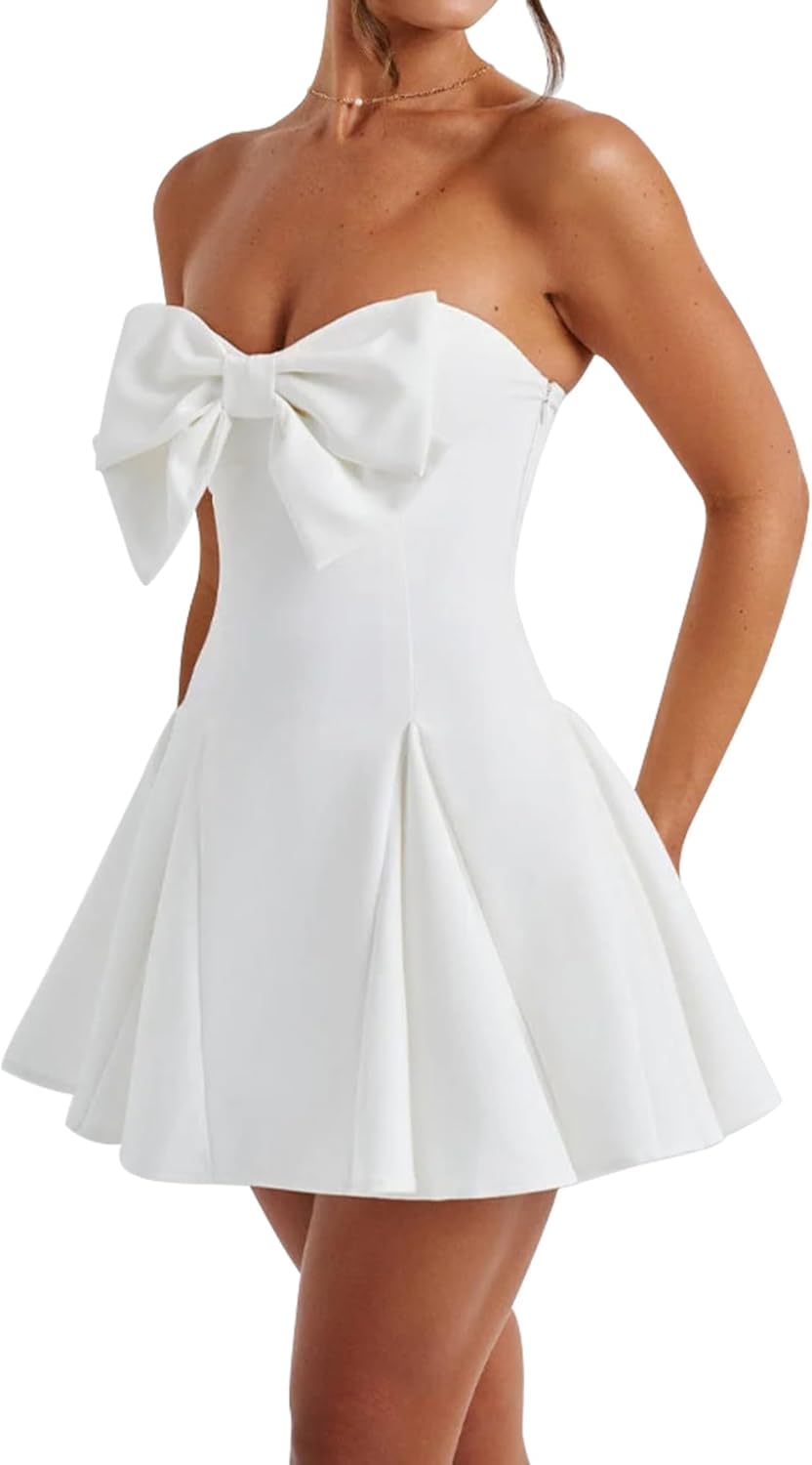 SHESEEWORLD Women's Sexy Summer A-Line Strapless Bow Dress Sleeveless Ruffle Hem High Waist Mini Dress - Image 2