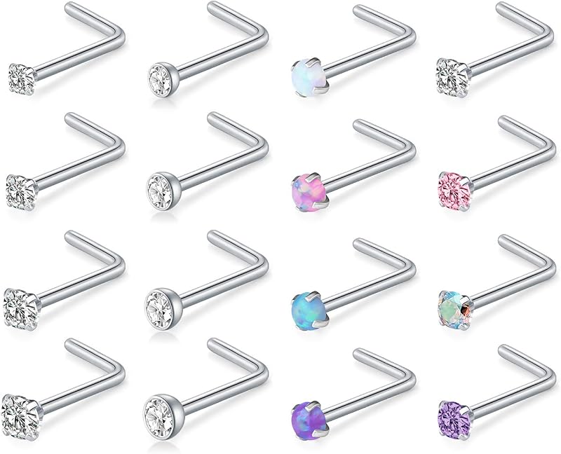 D.Bella 18G 20G 22G L Shaped Nose Studs Surgical Stainless Steel 1.5mm 2mm 2.5mm 3mm CZ Nose Rings For Women