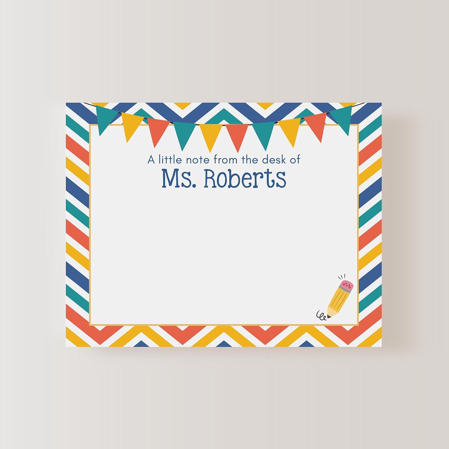 Personalized Teacher Note Cards, Flat A2 5.5x4.25 Stationery with Custom Name, Colorful Chevron Design, Elementary School Teacher Thank You Cards