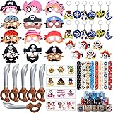 72Pcs Piraten Party Mitgebsel Kindergeburtstag Piraten Schnapparmband Maske Aufkleber Ringe Schlüsselanhänger Aufblasbares Spielzeug Piraten Party Deko Halloween Preise Geschenke für Junge Mädchen