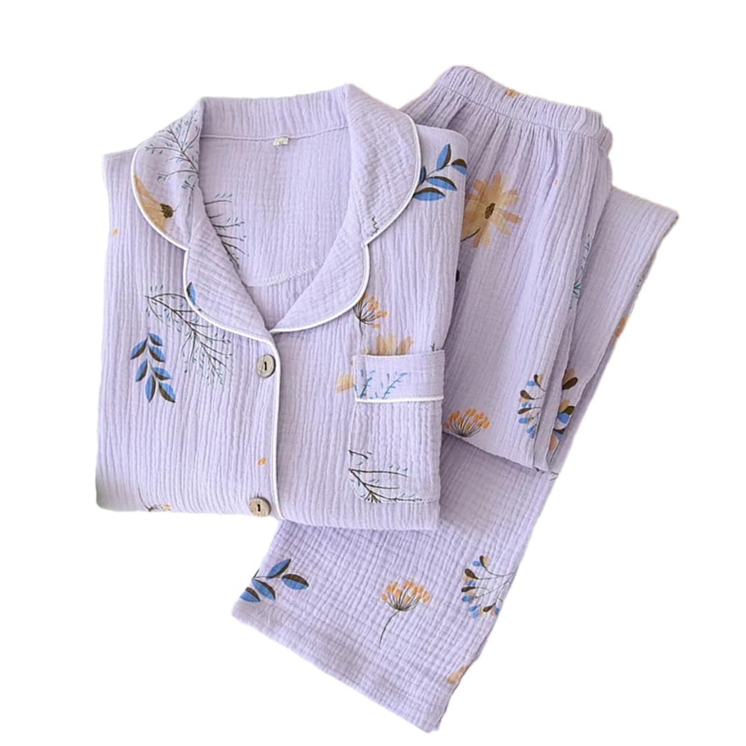 Hdhdeueh Pijama de algodón crepé para mujer, conjunto de pijama cómodo de manga larga