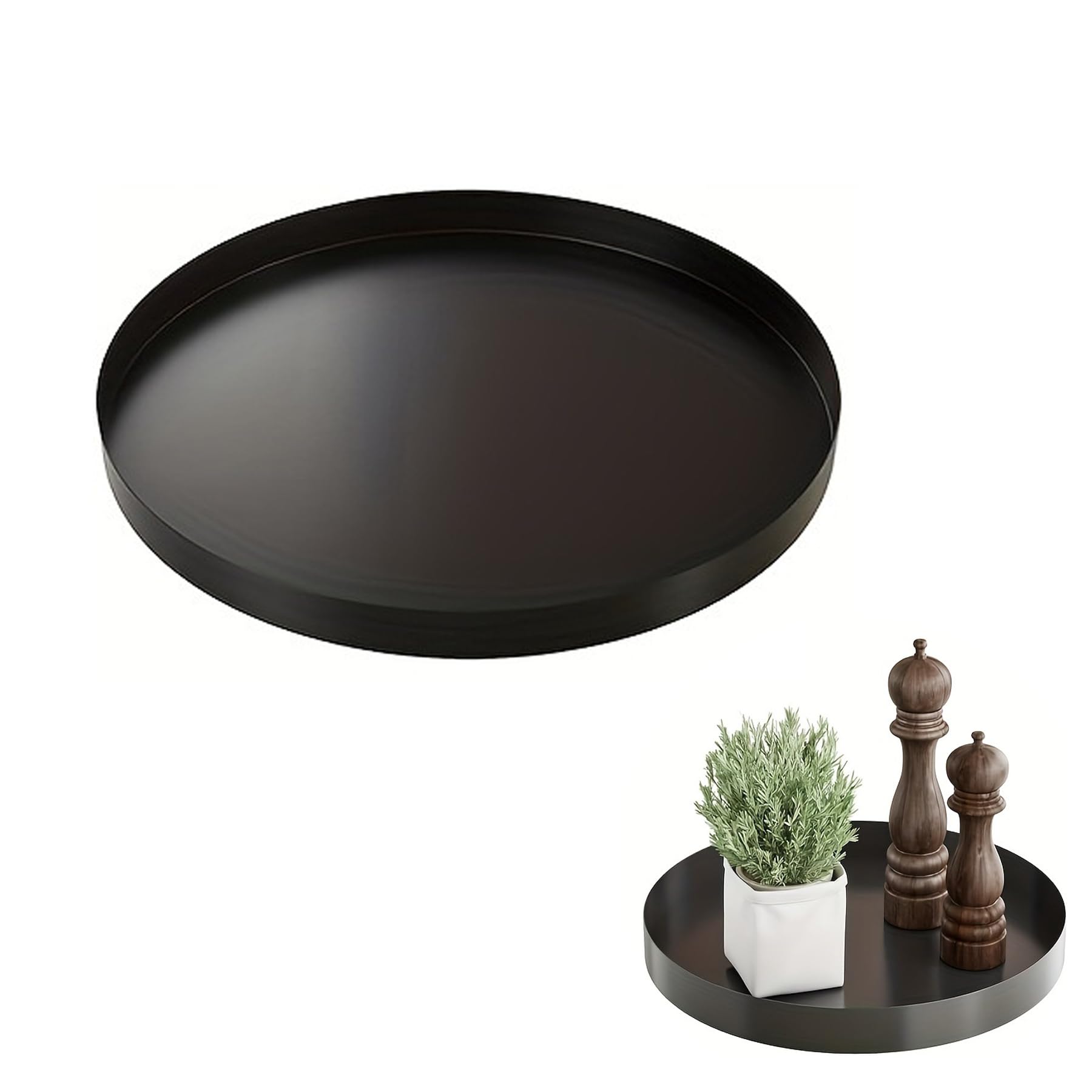 AXXIMENG Black Decorative Trays Round Decorative Salver Metal Candle Trays Candle Holders Plate Coffee Table Platter for Centerpiece Kitchen Counter Perfume Organiser Display Home Decorations