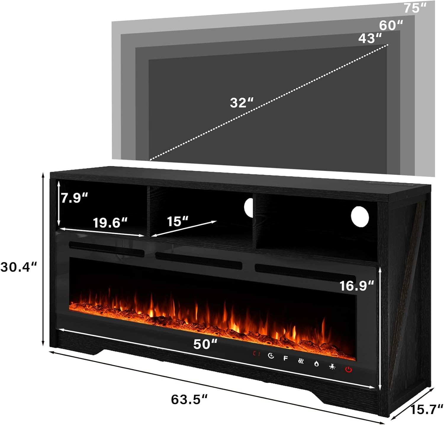 CharaVector Fireplace TV Stand with 60" Glass Electric Fireplace, Entertainment Center with Power Outlets for Up to 75" TVs, Black TV Cabinet with 3 Open Storage Cabinets, TV Console for Living Room