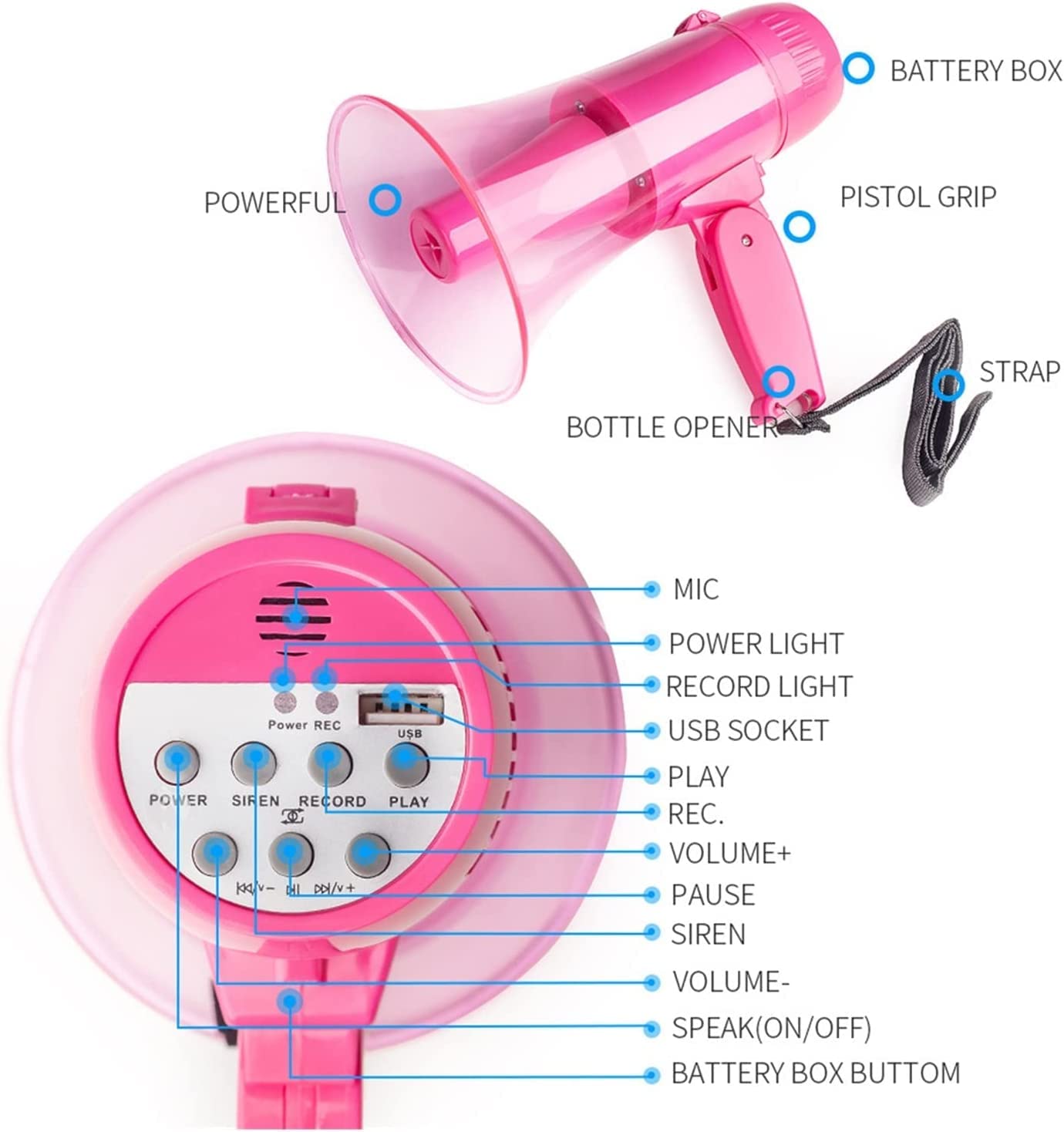 Bullhorn Haut-parleur mégaphone d'enregistrement des années 240 avec port USB 20 W avec sirène intégrée et mégaphone portable