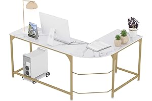 Teraves Modern White Marble L Shaped Corner Gaming Computer Desk