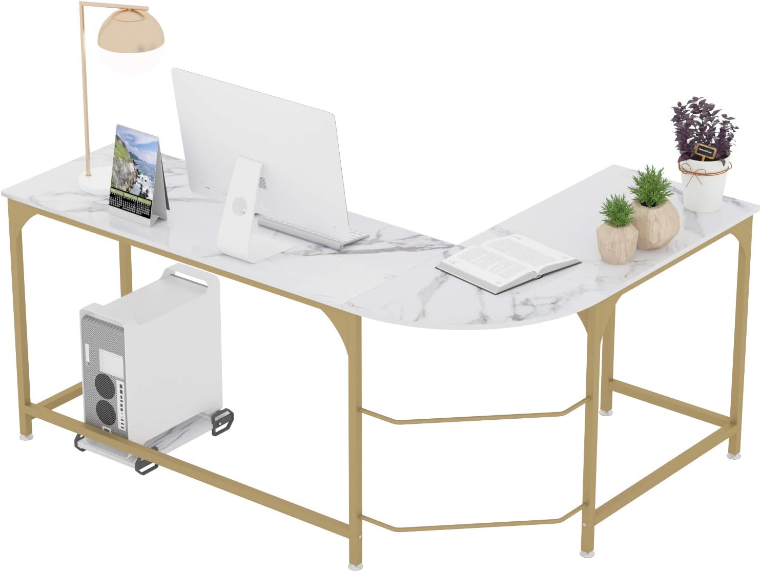 Teraves Reversible L Shaped Desk White - 66.1" Corner Gaming Computer Desk, Office Workstation Modern Home Study Writing Table, Marble Gold