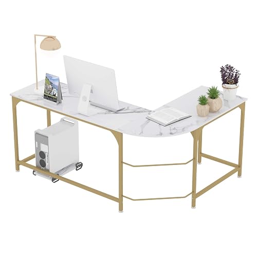 Teraves Reversible L Shaped Desk White - 66.1" Corner Gaming Computer Desk, Office Workstation Modern Home Study Writing Table, Marble Gold - Marble White + Gold Frame - Large