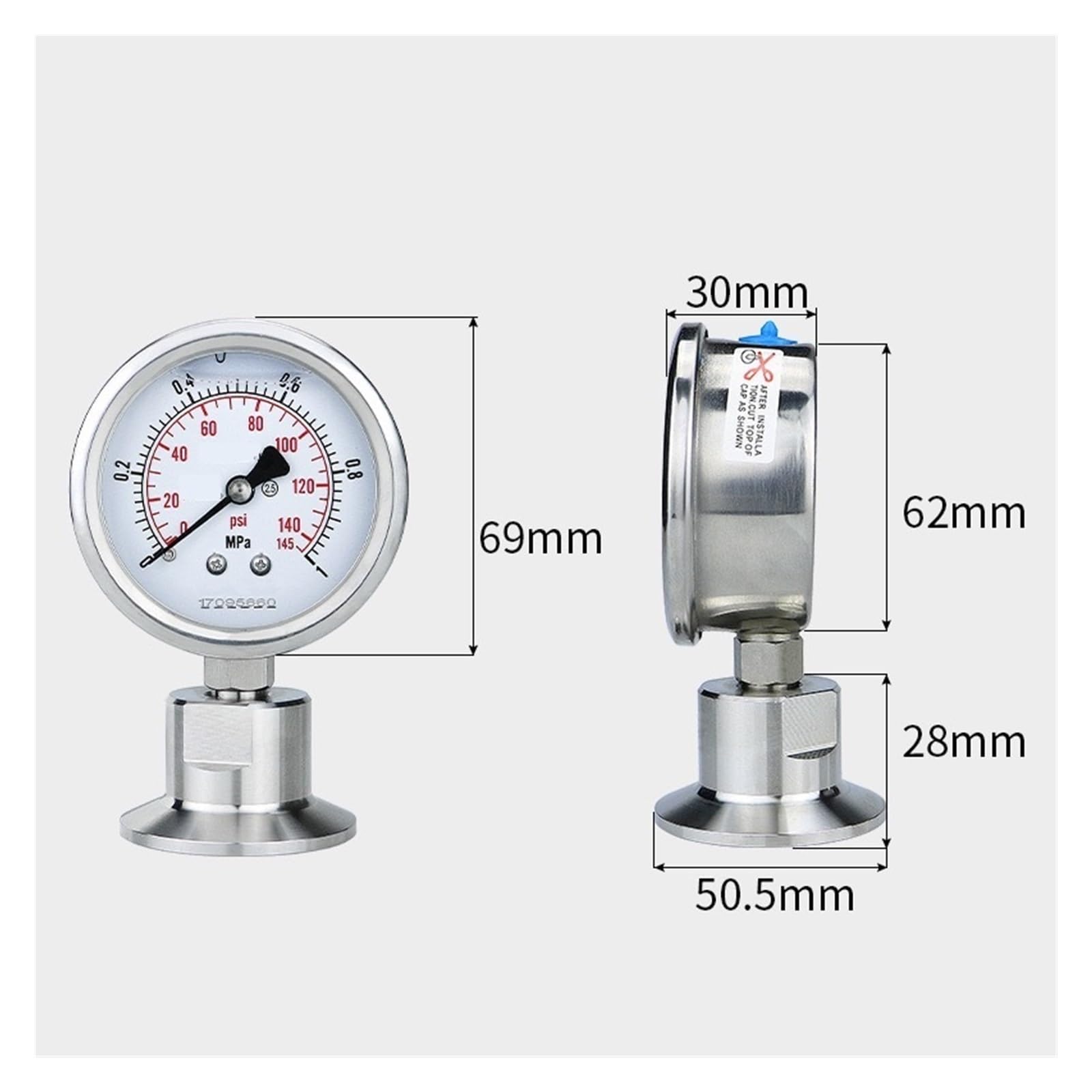 Manómetro de presión de triple abrazadera de 1.5 pulgadas (50.5 mm) y 2 pulgadas (64 mm), escala dual (bar/PSI), cuerpo SS304 y diafragma SS316 (0-6 Mpa, virola de 50.5 mm de diámetro exterior)