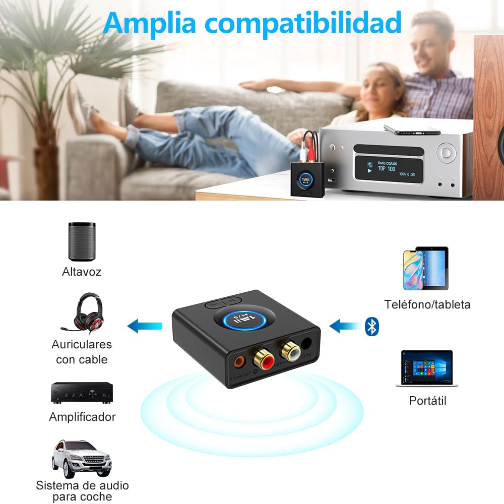 1Mii Receptor Bluetooth HiFi para Sistema Estéreo, Adaptador Audio Inalámbrico AUX/RCA Jack 3.5 con Refuerzo de Graves, Baja Latencia, 12H Autonomía para Amplificador, Coche y Altavoz