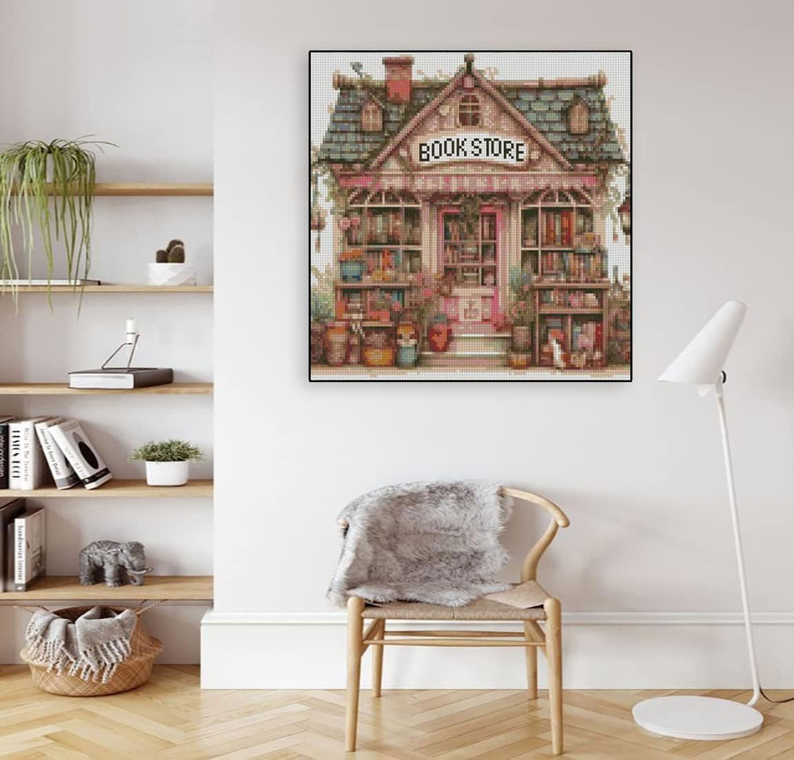 MYBISYMQQ Book Store Cross Stitch Kits for Adults,11CT Stamped Cross Stitch Kits for Beginner,DIY Needlepoint Embroidery Patterns Kits Embroidery Patterns for Home Wall Decor 13.7x13.7 inches