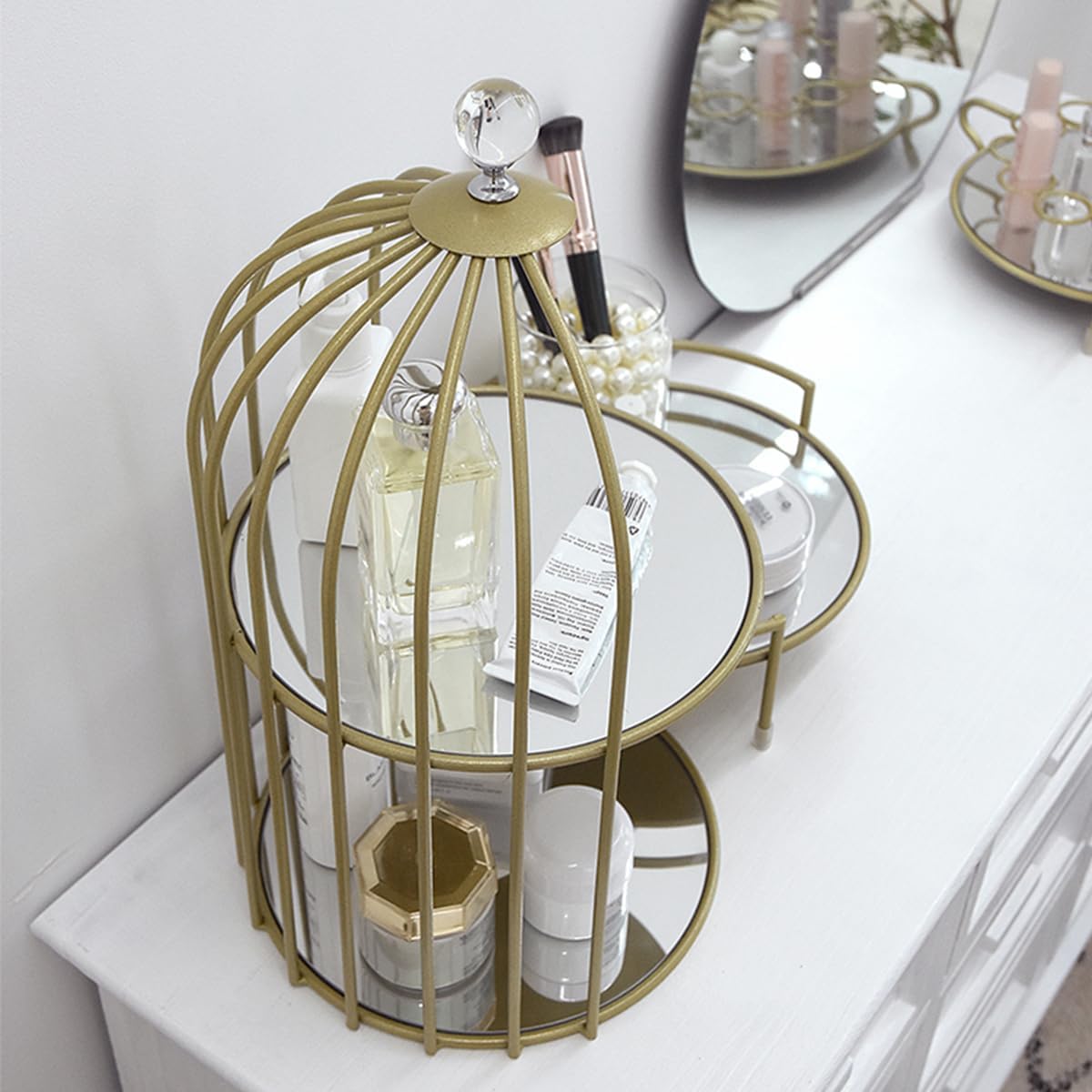 2 Tier Crystal Mirror Top Gold Metal Bird Cage Cupcake Cake Stand,16.7" H Vanity Dresser Organizer Tray, Perfume Tray Makeup Tray Countertop Storage Tray (Gold)