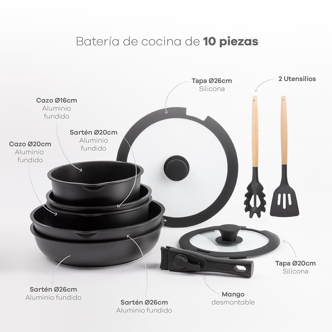 BERGNER, Set 10 PZS Pentole Easy Click nere, Padelle e casseruole con rivestimento antiaderente nero, Include coperchio e utensili, Manico staccabile, Adatto a tutti i fornelli