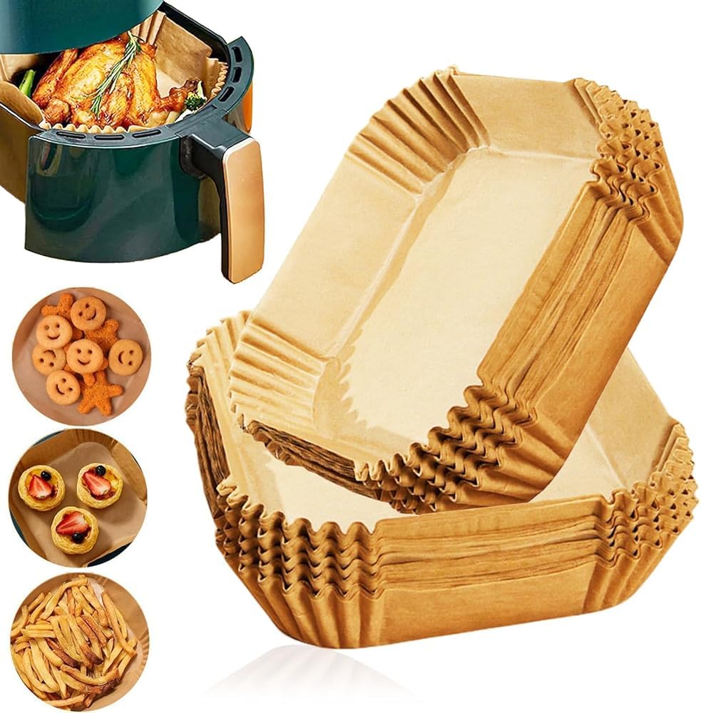 100pcs Disposable Air Fryer Paper Sheets, Paper Liner for Microwave, Oil-Proof Air Fryer Grease-Proof Parchment Paper for Frying, Baking, Cooking, Roasting and Microwave (Square 8 INCH)