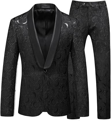 Amazon.com: Conjunto de traje de esmoquin para hombre, material jacquard,  negro, blanco, retro, solapa, adelgazante, floral, traje de boda con  pantalón : Ropa, Zapatos y Joyería
