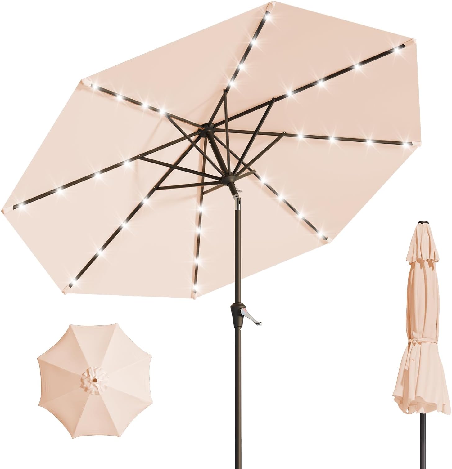 9FT Solar Umbrella 32 LED Lighted Patio Umbrella Table Market Umbrella w/Tilt and Crank Outdoor Umbrellas for Garden, Deck, Backyard, Pool and Beach, Beige