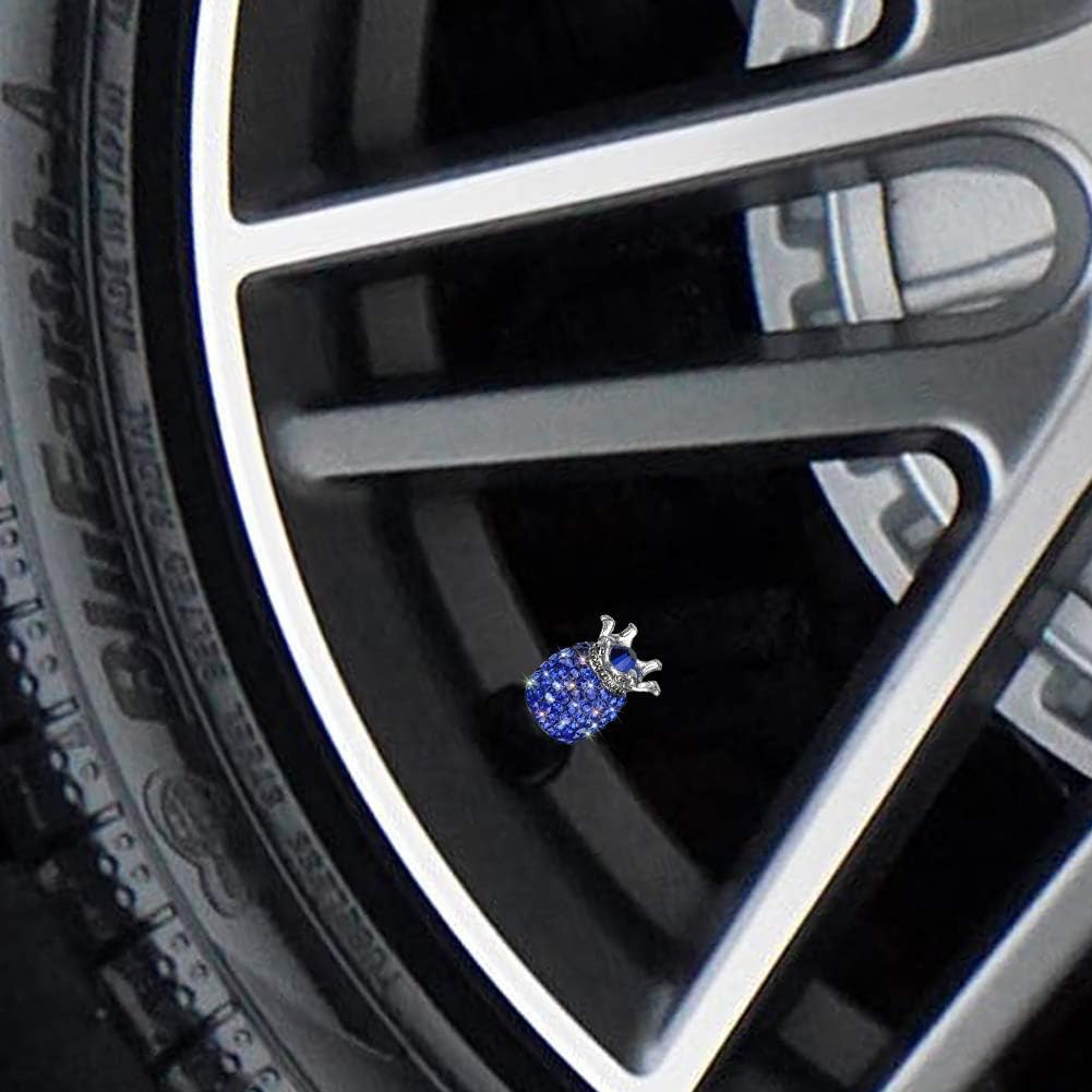 SAVORI Pineapple Valve Stem Caps, 4 Pack Handmade Crystal Rhinestone Universal Car Dustproof Tire Valve Caps for Car Auto Bike Wheels Women Bling Car Accessories (Crown Blue)