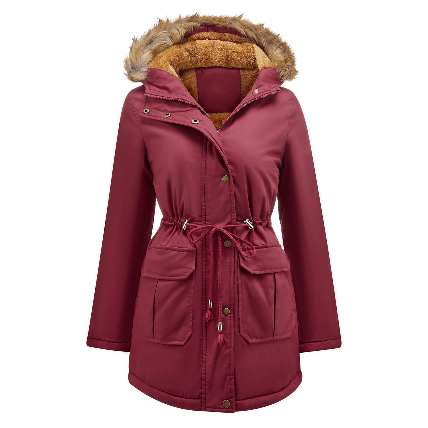 elaccent Women's Long Velvet Cotton Coat | Winter Hooded Jacket with Fur Collar | Warm Solid Color Commuter Style-picture-43