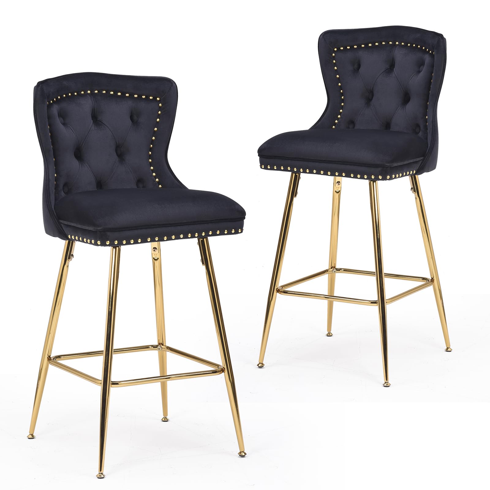 Farini Bar Stools Set of 2, Velvet Counter Height Bar Stools with Metal Legs, Button Tufted and Nailheads Trim, Wing-Back Bar Chairs for Kitchen