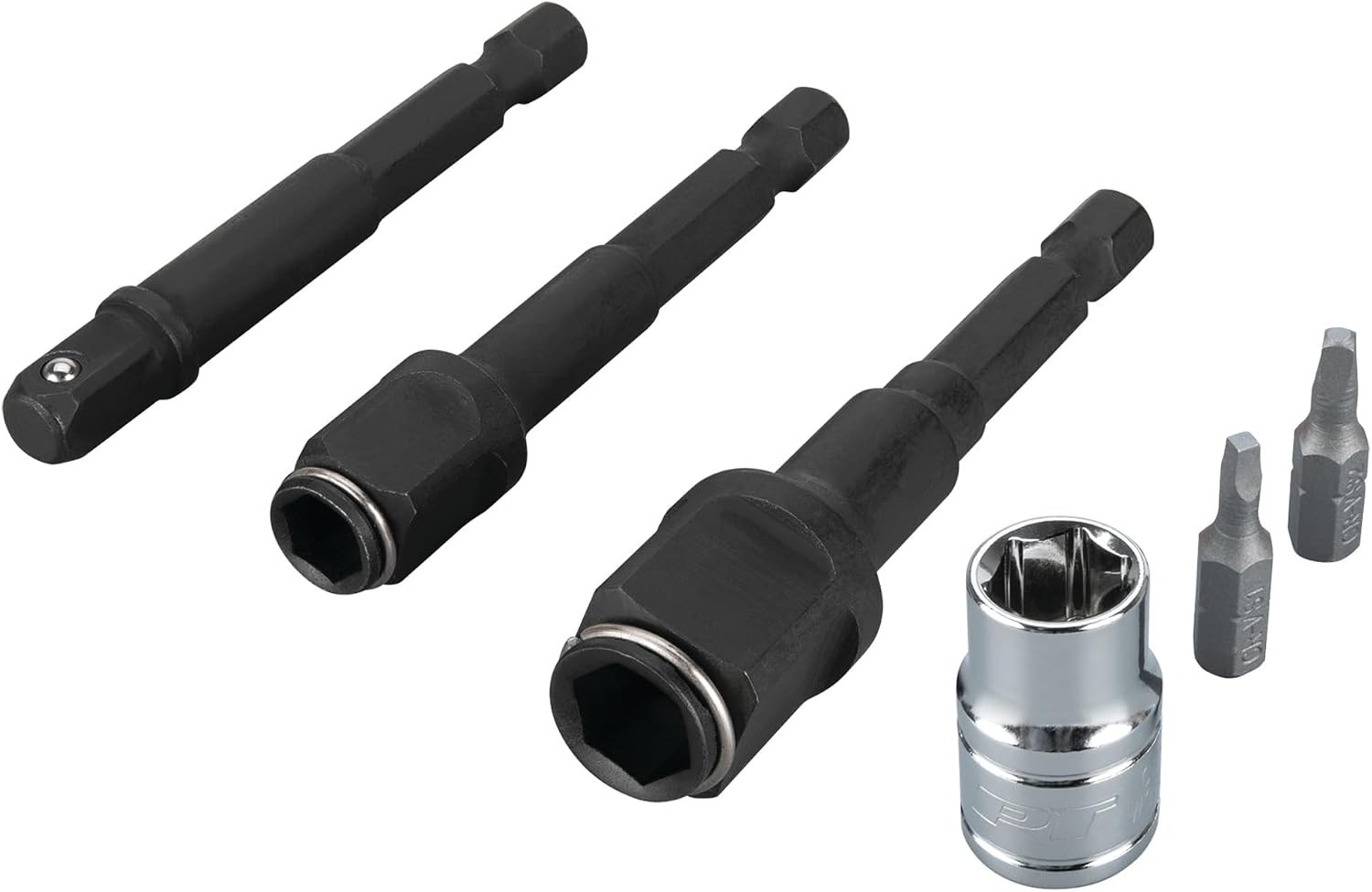 Performance Tool W2963 6 pc. 2-in-1 Socket Adapter Set: Switch between Sockets and Hex Bits: External 1/4, 3/8, 1/2-in Square Drive Adapters, 1/4 and 5/16-in Hex Drivers, Chrome Vanadium Steel, Black