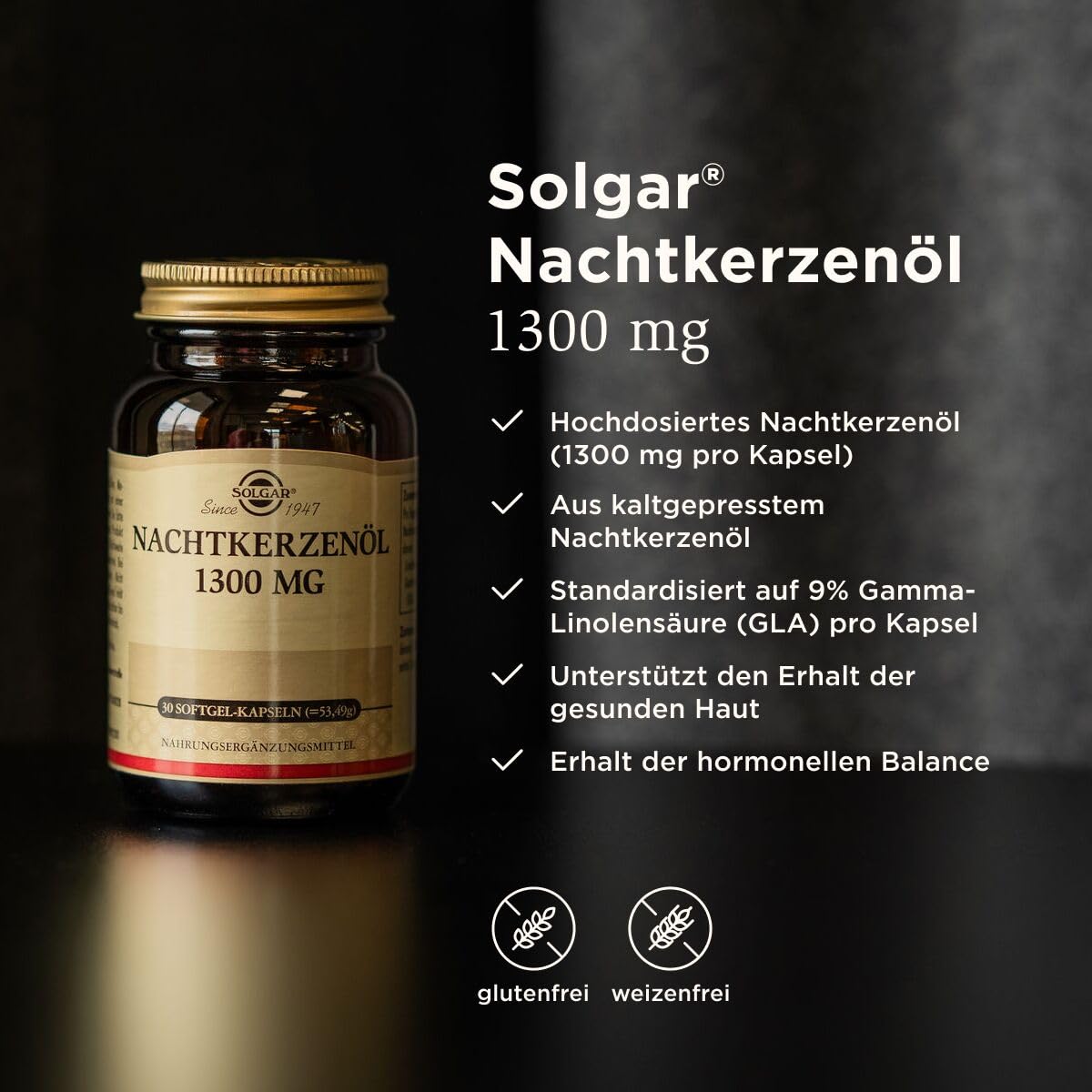 SOLGAR® Nachtkerzenöl 1300mg - Kaltgepresst & Hochdosiert – Unterstützt Hautgesundheit & Hormonelle Balance - 30 Tage Vorrat