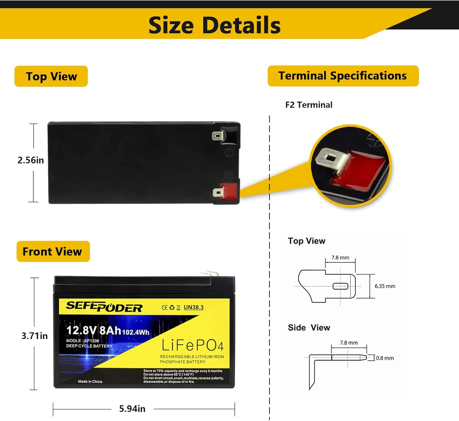 12V 8Ah LiFePO4 Lithium Deep Cycle Rechargeable Battery, 2000+ Cycles Maintenance-Free Battery for Solar/Wind Power,ITO,Lighting, Power Wheels, Fish Finder and More with Built-in 8A BMS : Health & Household