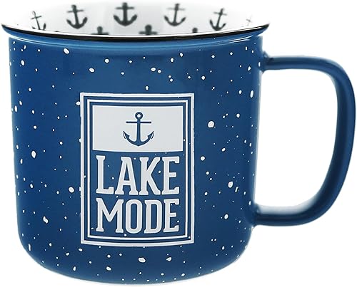 Pavilion Gift Company - Taza de cerámica Lake Mode de 18 onzas, azul con acabado moteado, taza de café duradera de pared gruesa estilo campamento,