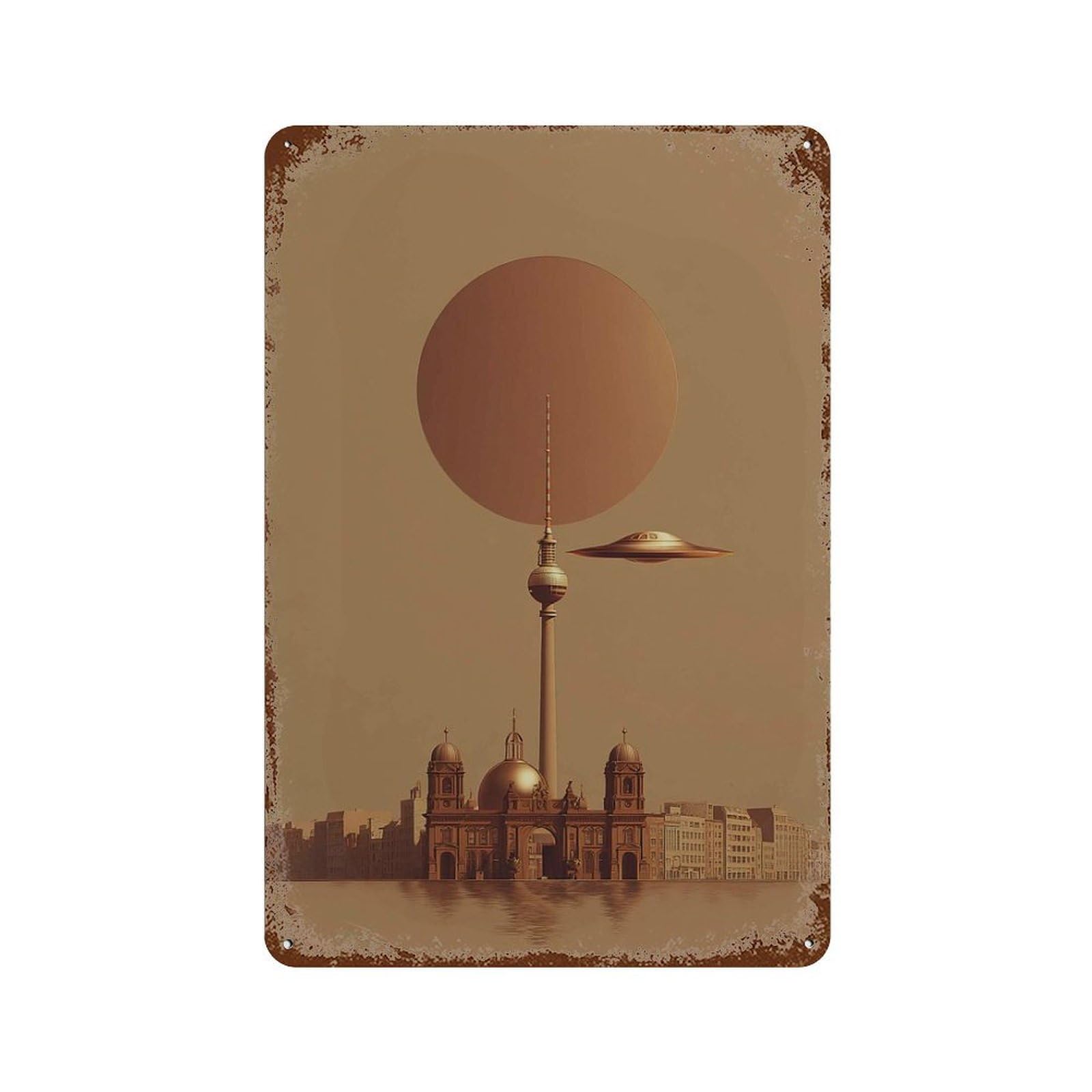 xiaoxiaoshen Berlin UFO Futuristic Surreal City Sci Fi Architecture Work Modern Minimalist Wall Decor Art Metal Tin Poster Modern Home Decor Art Home Bar Shop Decorations Vintage Sign 30x20cm