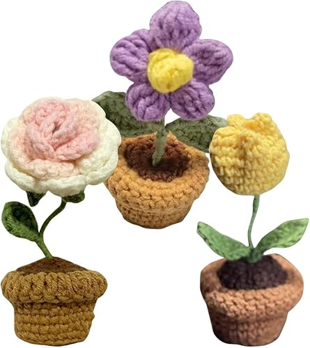 JOONOR 3 piezas de mini tulipanes de ganchillo en maceta, flor de soplo de rosa falsa de punto para baño, hogar, cocina, mesa rústica, centro de