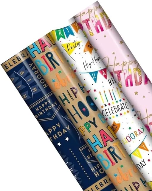 Birthday Gift Wrapping Paper - Pack of 4 x 3M Happy Birthday Gift Wrapping Paper roll Perfect for Birthday, Festival, Party or Wedding Gift and Festive Decoration, Multi