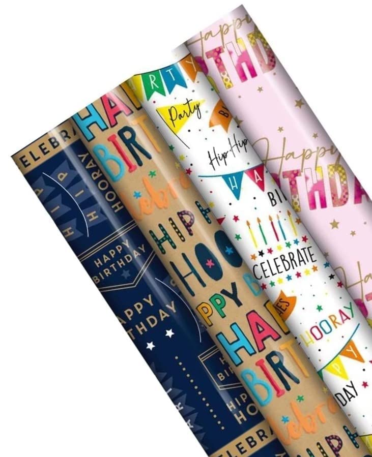 Birthday Gift Wrapping Paper - Pack of 4 x 3M Happy Birthday Gift Wrapping Paper roll Perfect for Birthday, Festival, Party or Wedding Gift and Festive Decoration, Multi