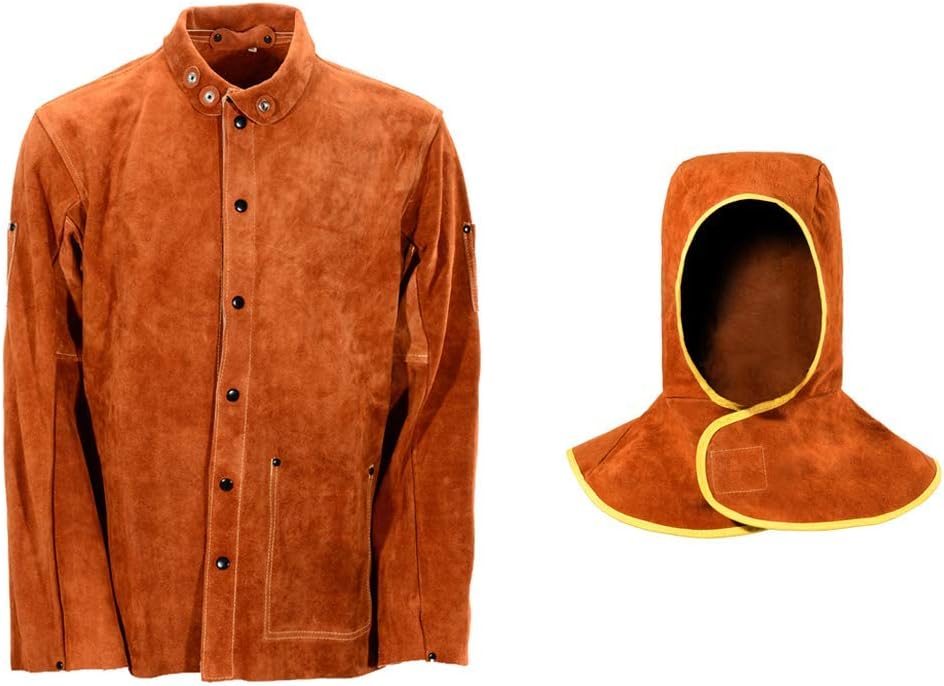 QeeLink Leather Welding Work Jacket with Hood Flame-Resistant Heavy Duty Split Cowhide Leather Welder Jackets with Hood for Men & Women, 2XL