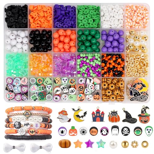 Baoximong Halloween Beads for Bracelet Making Kit Pumpkin Beading Set with Moon Ghost Witch Hat Charms Pendants for Jewelry Making DIY Halloween Craft Friendship Gifts