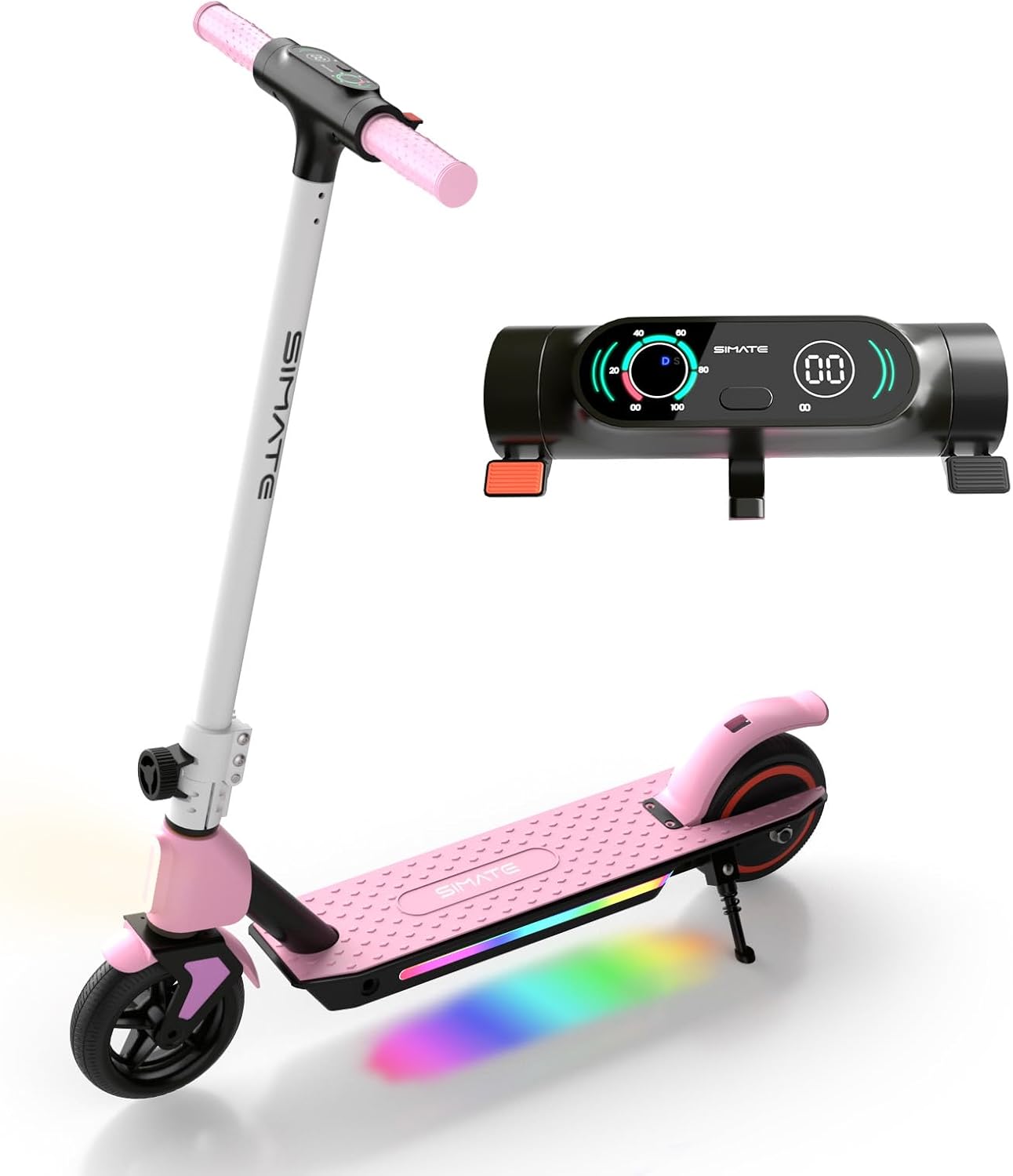 SIMATE Electric Scooter for Kids Ages 6-14, LED Display & Colorful Lights, Foldable Kids Electric Scooter, 40 Mins Max Riding Time & 8.7 MPH Safe Speed, Gifts for Boys Girls