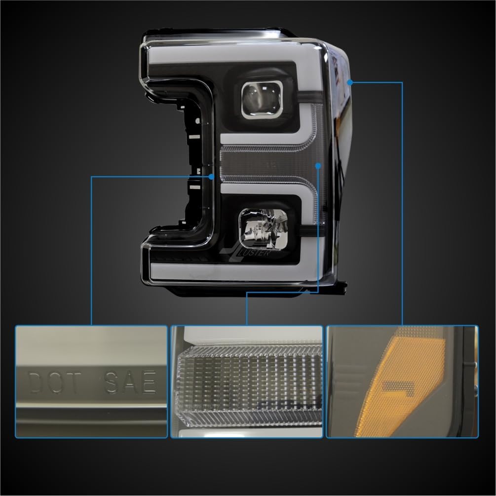 STARCLUSTER SONAR Projector Headlight Assembly for 2017-2019 Ford F-250 F-350 F-450 F-550 Super Duty Fourth Generation, Black Housing Clear Lens Headlamp