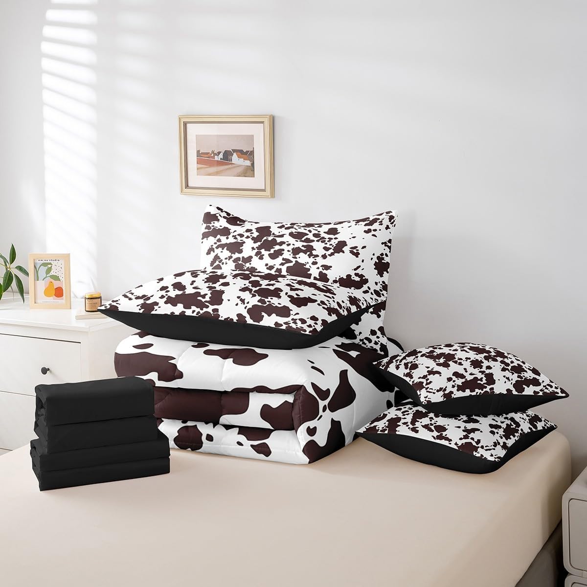 Erosebridal 7 Pcs Highland Milk Cow Bed in a Bag Queen Comforter Set,Kids Cartoon Brown Cow Print Brown Sheet Set,Western Cowhide Bedding with Comforter,Bull Cattle Rustic Farmhouse Quilt Cover - Image 6