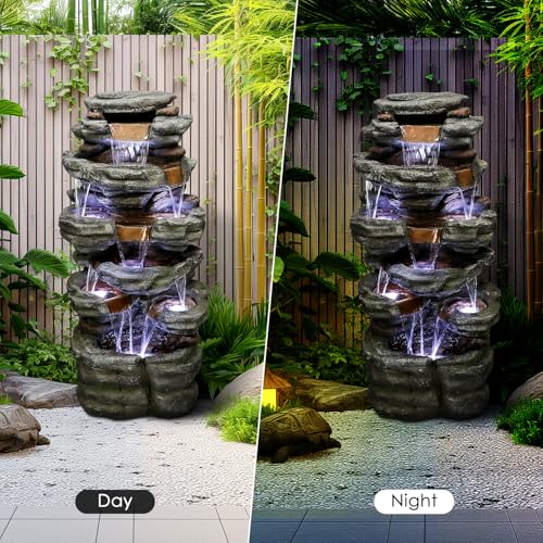 Image of SunJet 47.2 inch High 6-Tiers Cascading Rock Outdoor Water Fountain with LED Lights - Large Outdoor Fountains and Waterfalls for Garden or Patio, Yard, and Deck Decor, Featuring Natural Stone Look