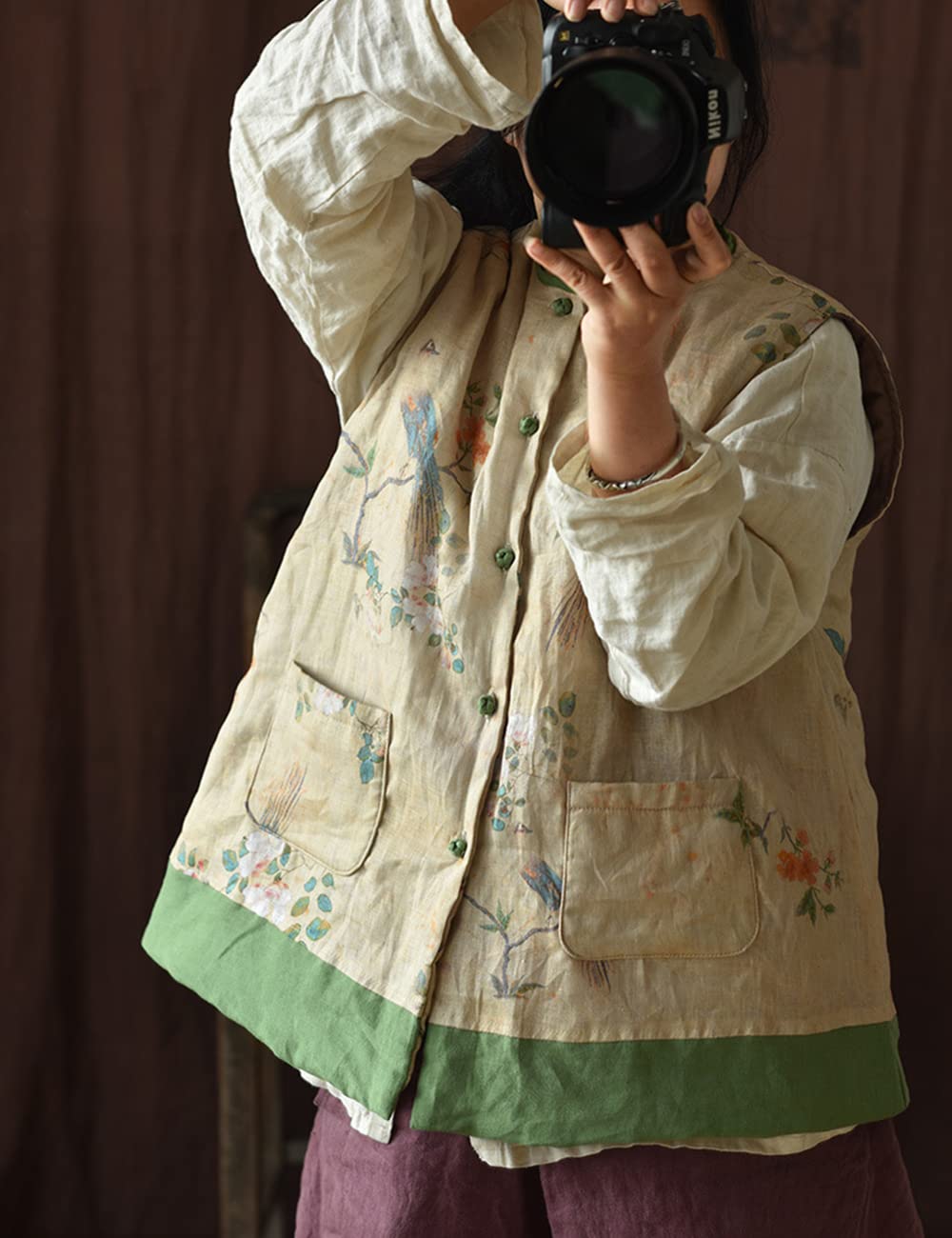 NFYM Veste matelassée légère en coton et lin imprimé printemps et automne Manteau rembourré vintage pour femme