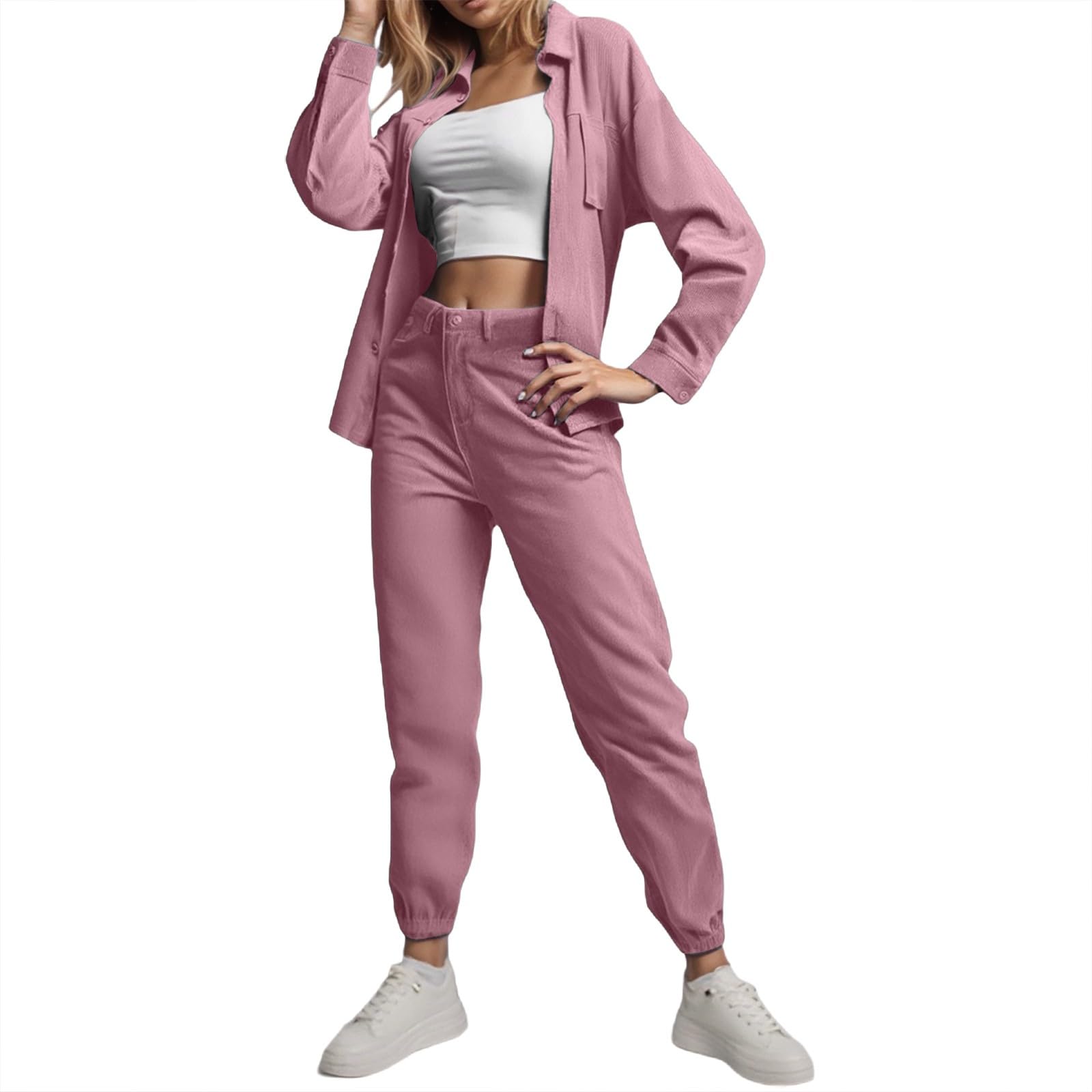 Generisch Damen-Set mit Retro-Revershemd Cordhose in Übergröße für vielfältige Anlässe stilvolle Eleganz mit modernem Design Trainingsanzug Damen Pullover Sweatshirt Jogginghose