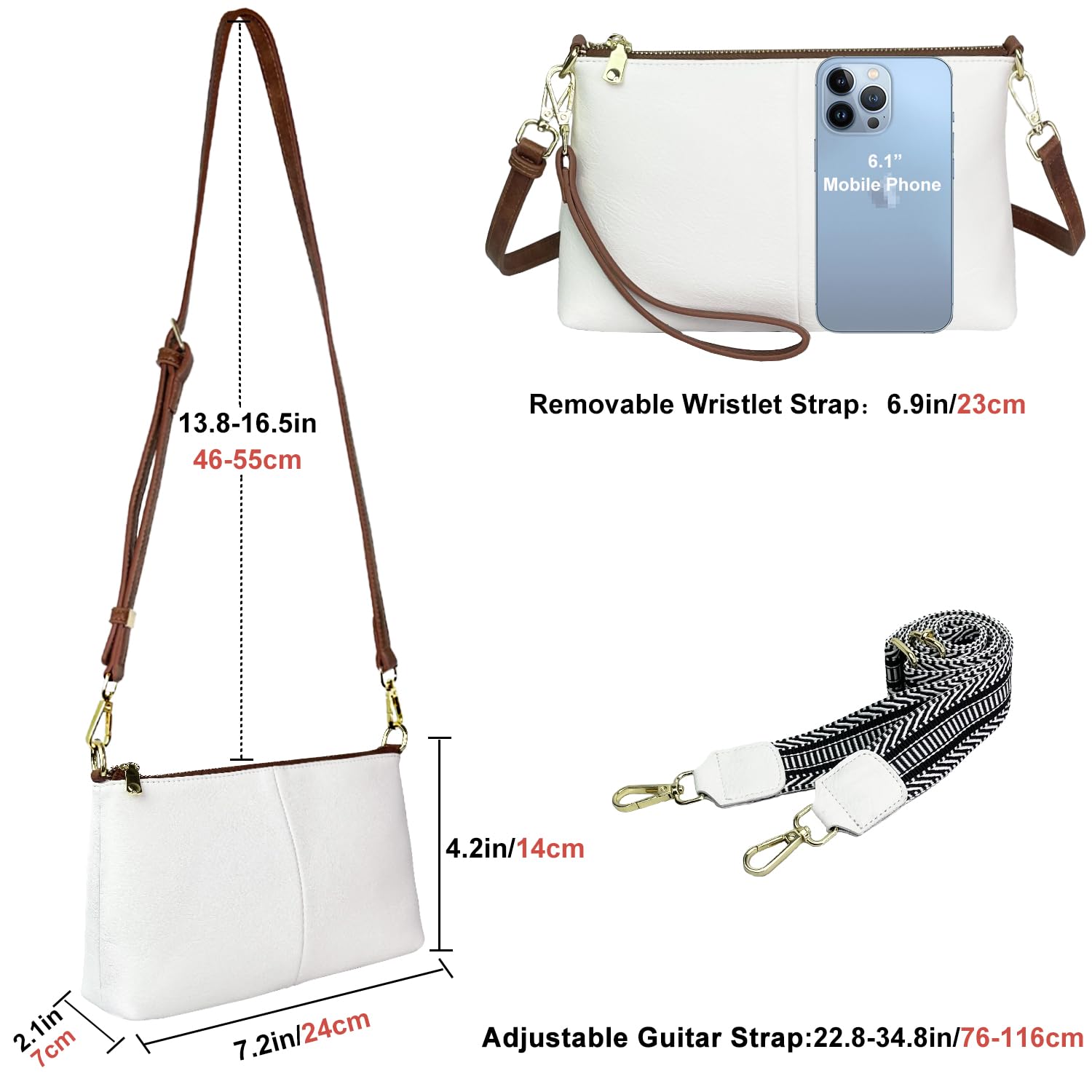 lifwimner Small Crossbody Clutch Purses Bags for Women Wristlet Wallet Vegan Shoulder Handbags Guitar Strap + Leather Strap(White Brown)