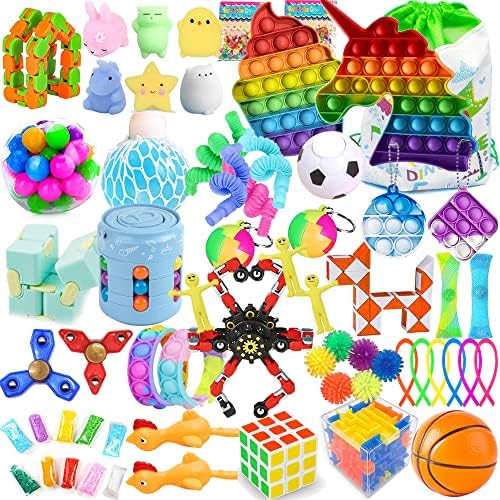 (63 Pack) GONGYIHONG k Sensory Fidget Toys Bundle, Fidget Cube/Liquid Motion Timer /Bike Chain/Soybeans Squeeze Grape Ball- Perfect for Kids&Adult…