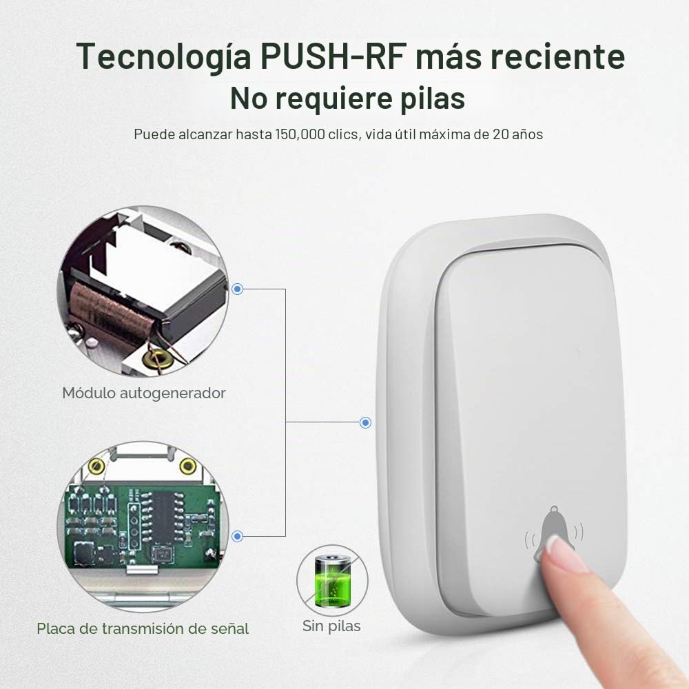 Timbre Inalámbrico sin Pilas, PDGROW Timbres Inalámbricos Impermeable Autoalimentado, 150M de Alcance, con 4 Niveles de Volumen, 38 Melodías, Indicadores LED