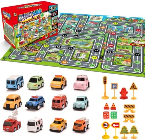 12 Pull-Back Vehicles Set with City Play Mat Road Signs Alloy Car Toddler Toys Construction Engineering Car Friction Powered Car Playsets for 2 3 4 Year Old Kids Birthday Christmas Thanksgiving Gift