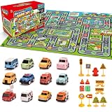 12 Pull-Back Vehicles Set with City Play Mat Road Signs Alloy Car Toddler Toys Construction Engineer